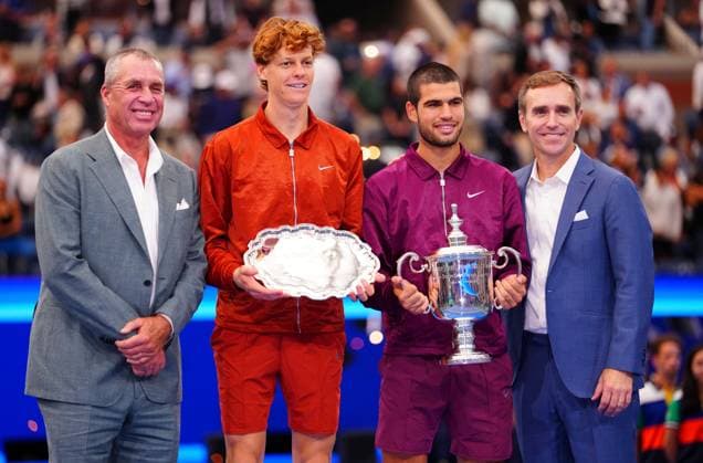 Ivan Lendl, Jannik Sinner, Carlos Alcaraz and USTA President Brian Vahaly 2025 US Open, Day Fifteen, USTA Billie Jean King National Tennis Center, New York, USA - 07 Sept 2025New York USTA Billie Jean King National T New York (NY) United States of America  Copyright: xJavierxGarcia Shutterstockx 15467799z