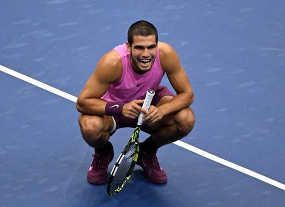 Carlos Alcaraz of Spain reacts after defeating Jannik Sinner of Italy 6-2 6-3 6-1 6-4 during the Men s Finals of the 2025 US Open Tennis Championship in Arthur Ashe Stadium at the USTA Billie Jean King National Tennis Center in Flushing Meadows, New York, on Sunday, September 7, 2025.  NYP20250907218 LARRYxMARANO