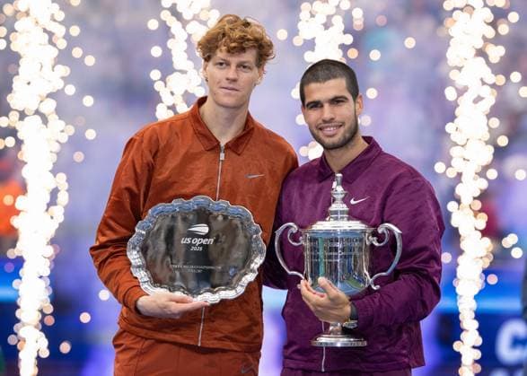 Winner Carlos Alcaraz ESP with the cup, trophy and finalist Jannik Sinner ITA , Men s Singles, Award Ceremony, Presentationl, US Open Championships 2025, USTA Billie Jean King National Tennis Center, Flushing Meadows, New York, USA Copyright: xJuergenxHasenkopfx