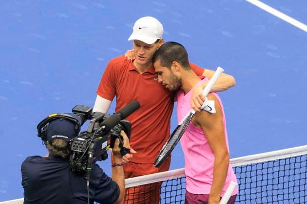 September 7, 2025, Flushing Meadows, New York, USA: Carlos Alcaraz is congratulated by Jannik Sinner after winning the US Open MenÃ¢â‚¬â ¢s Final match on Day 15 of the 2025 US Open at USTA Billie Jean King National Tennis Center on Sunday September 7, 2025 in the Flushing neighborhood of the Queens borough of New York City. JAVIER ROJAS PI Flushing Meadows USA - ZUMAp124 20250907_zaa_p124_058 Copyright: xJavierxRojasx