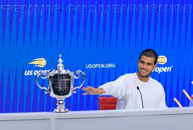 September 7, 2025, Flushing Meadows, New York, USA: Carlos Alcaraz attends a press conference, PK, Pressekonferenz after winning the 2025 US Open MenÃ¢â‚¬â ¢s Championship against Jannik Sinner on Day 11 of the 2025 US Open at USTA Billie Jean King National Tennis Center on Sunday September 7, 2025 in the Flushing neighborhood of the Queens borough of New York City. JAVIER ROJAS PI Flushing Meadows USA - ZUMAp124 20250907_zaa_p124_073 Copyright: xJavierxRojasx