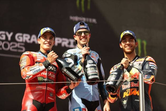 September 7, 2025, Sabadell, Barcelona, Spain: Montmelo Spain September 07, 2025 Marc Marquez (93 ESP Ducati), Alex Marquez (73 ESP Gresini Racing) and Enea Bastianini (23 IT KTM Tech 3) celebrate the victory during race at the MotoGP Catalonia Grand Prix 2025 in Montmelo Spain on 07 September 2025 Sabadell Spain - ZUMAu50_ 20250907_zsp_u50_063 Copyright: xXavixUrgelesx