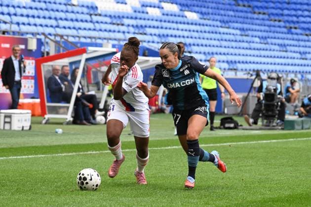 Football : Arkema Premiere Ligue OL Lyonnes V Marseille 07 09 2025 Liana Joseph of OL Lyonnes and Melissa Herrera Monge of Marseille during the Arkema Premiere Ligue match between Lyon and Marseille at Groupama Stadium Decines Charpieu on September 7, 2025 in Lyon, France  Copyright: xALLILI_MOURADx