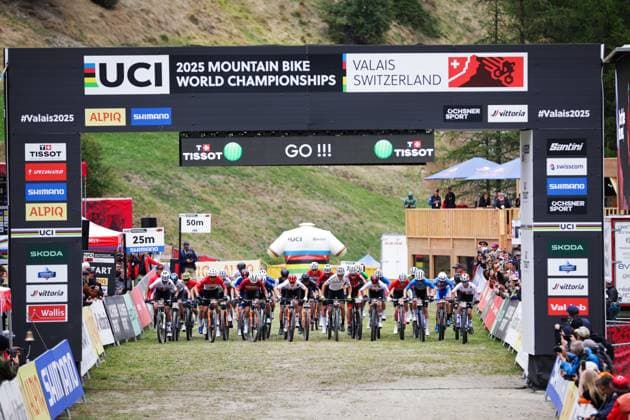 2025 UCI Mountain Bike World Championships Picture by Ed Sykes SWpix.com - 08 09 2025 - Cycling - 2025 UCI Mountain Bike World Championships - Cross-country Short Track - Zermatt, Valais, Switzerland - Men Under-23 Qualification Heat 2 - Race start, Khalid Sidahmed (Switzerland), Owen Clark (Canada),mGustav Pedersen (Denmark), Finn Treudler (Switzerland), Nicolas Halter (Switzerland), Leo Lounela (Sweden), Maxime Lhomme (Switzerland) Copyright: x xSWpix.comx(t axPhotographyxHubxLtd)xEdxSykes SWpix.comx SWP-3030-2893