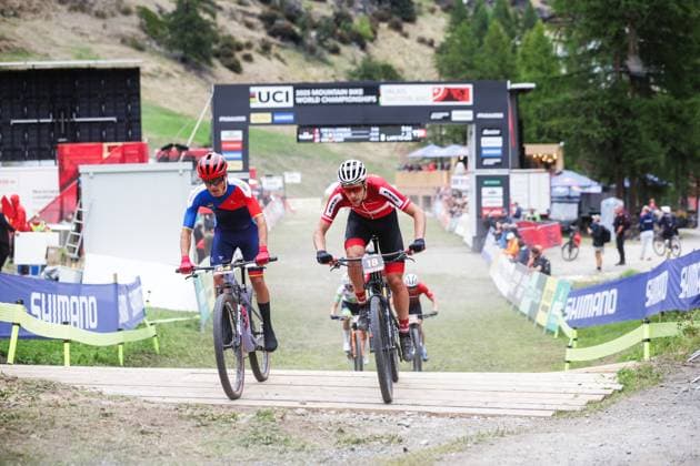 2025 UCI Mountain Bike World Championships Picture by Ed Sykes SWpix.com - 08 09 2025 - Cycling - 2025 UCI Mountain Bike World Championships - Cross-country Short Track - Zermatt, Valais, Switzerland - Men Under-23 Qualification Heat 2 - Felix Sprenger (Liechtenstein), Julius Scherrer (Austria) Copyright: x xSWpix.comx(t axPhotographyxHubxLtd)xEdxSykes SWpix.comx SWP-3030-2898