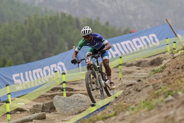 2025 UCI Mountain Bike World Championships Picture by Alex Whitehead SWpix.com - 08 09 2025 - Cycling - 2025 UCI Mountain Bike World Championships - Cross-country Short Track - Zermatt, Valais, Switzerland - Men Elite Qualification Heat 2 - Tumelo Makae (Lesotho) Copyright: x xSWpix.comx(t axPhotographyxHubxLtd)xAlexxWhitehead SWpix.comx SWP-3030-2926