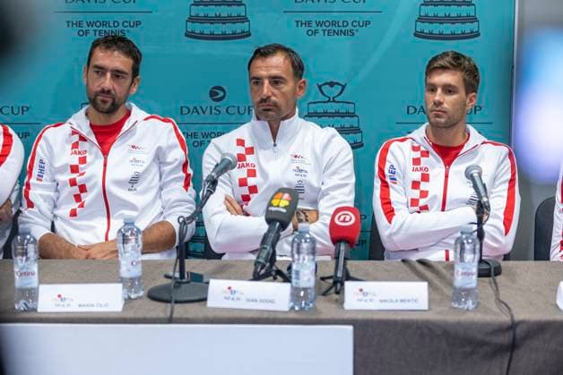 Croatia Davis Cup Team press conference, PK, Pressekonferenz Marin Cilic, Ivan Dodig and Nikola Mektic of Croatia Davis Cup Team attends a press conference prior to the Davis Cup Qualifier 2nd Round match between Croatia and France at Gradski vrt in Osijek, Croatia on September 8, 2025.  DavorxJavorovic PIXSELL
