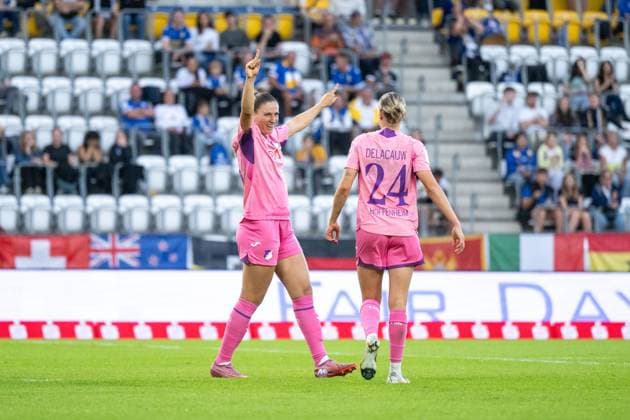 Melissa Koessler TSG Hoffenheim, 25 , Feli Delacauw TSG Hoffenheim, 24 celebrate the goal for 1 3, GER, TSG 1899 Hoffenheim vs FC Carl Zeiss Jena, Football Google Pixel Womens Bundesliga, 1 Matchday, Season 2025 2026, 08 09 2025 DFB regulations prohibit any use of photographs as image sequences and or quasi video GER, TSG 1899 Hoffenheim vs FC Carl Zeiss Jena, Fussball Google Pixel Frauen Bundesliga, 1 Spieltag, Saison 2025 2026, 08 09 2025 Jena Copyright: xEibner-Pressefoto Memmlerx EP_MMR