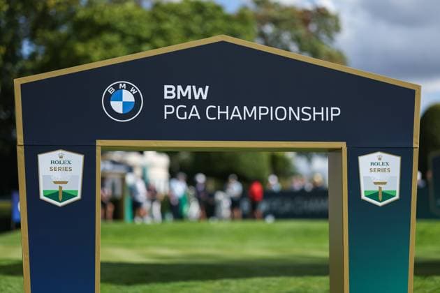 9th September 2025; Wentworth Club, London, England; The BMW PGA, Golf Herren Championship Golf Practice Day 1; A detailed view of a BMW PGA Championship branded gate at the 1st green  HenningxvonxJagow