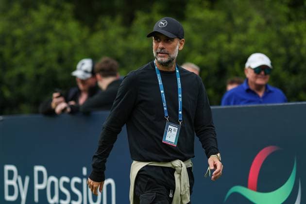 9th September 2025; Wentworth Club, London, England; The BMW PGA, Golf Herren Championship Golf Practice Day 1; Pep Guardiola Man City manager was seen at the 18th green during a practice session  HenningxvonxJagow