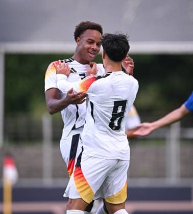 Soccer U 20 Test Laenderspiel in Reutlingen 09 09 2025 Germany Italy JUBEL Germany goal scorers to 1 0 Assan Ouedraogo left and Laurin Ulrich right