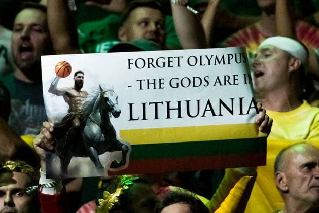 FIBA EuroBasket 2025 Lithuania Greece 09 09 2025 Lithuanian fan with poster Forget Olympus, The Gods are Lithuanian FIBA EuroBasket 2025 Lithuania Greece Riga, Arena Riga on 09 09 2025 Copyright: xBEAUTIFULxSPORTS Wunderlx