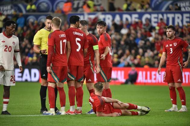9th September 2025; Swansea.com Stadium, Swansea, Wales; Friendly International Football, Wales versus Canada; Wales set a wall for the Canada Free-kick  AledxHopkins