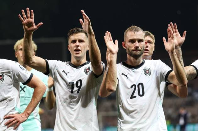 SOCCER - FIFA WC quali, BIH vs AUT ZENICA,BOSNIA AND HERZEGOVINA,09.SEP.25 - SOCCER - FIFA World Cup, WM, Weltmeisterschaft, Fussball 2026, European Qualifiers, group stage, OEFB international match, Länderspiel, Nationalmannschaft Bosnia and Herzegovina vs Austria. Image shows the rejoicing of Christoph Baumgartner and Konrad Laimer (AUT). GEPAxpictures xArminxRauthner