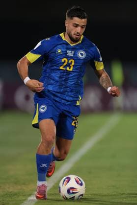 Serravalle, Italy, 6th September 2025. Jusuf Gazibegovic of Bosnia and Herzegovina during the San Marino vs Bosnia-Herzegovina FIFA World Cup, WM, Weltmeisterschaft, Fussball Qualifier match at San Marino Stadium, Serravalle. Picture credit should read: Jonathan Moscrop Sportimage EDITORIAL USE ONLY. No use with unauthorised audio, video, data, fixture lists, club league logos or live services. Online in-match use limited to 120 images, no video emulation. No use in betting, games or single club league player publications. SPI_266_JM_SANMARINO_BOSNIA_ SPI-4110-0236
