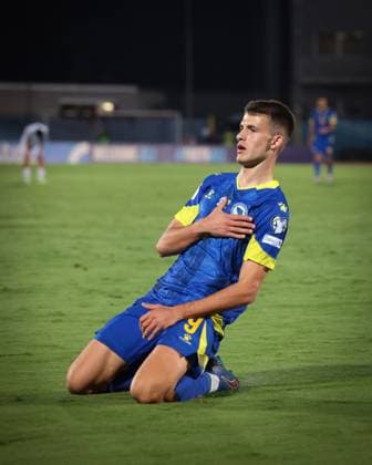 Serravalle, Italy, 6th September 2025. Samed Bazdar of Bosnia and Herzegovina celebrates after scoring to give the side a 4-0 lead during the San Marino vs Bosnia-Herzegovina FIFA World Cup, WM, Weltmeisterschaft, Fussball Qualifier match at San Marino Stadium, Serravalle. Picture credit should read: Jonathan Moscrop Sportimage EDITORIAL USE ONLY. No use with unauthorised audio, video, data, fixture lists, club league logos or live services. Online in-match use limited to 120 images, no video emulation. No use in betting, games or single club league player publications. SPI_267_JM_SANMARINO_BOSNIA_ SPI-4110-0237