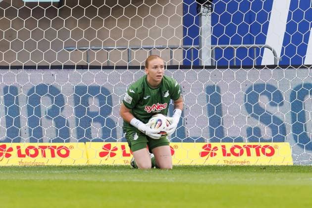 Laura Dick Hoffenheim, 1, Goalkeeper keeps, 08 09 2025, Jena Germany , Soccer, Women Bundesliga, FC Carl Zeiss Jena TSG 1899 Hoffenheim, DFB DFL REGULATIONS PROHIBIT ANY USE OF PHOTOGRAPHS AS IMAGE SEQUENCES AND OR QUASI VIDEO xprx