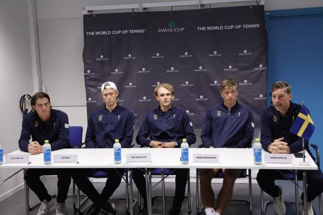 GÖTEBORG, SWEDEN 20250910 Olle Wallin, Leo Borg, Erik Grevelius, AndrÃ Göransson and Simon Aspelin at the press conference ahead of Sweden Tunisia in Davis Cup in Partille arena GÖTEBORG SWEDEN x9200x  Copyright: xAdamxIhse TTx DAVIS CUP SVERIGE-TUNISIEN PRESSKONFERENS