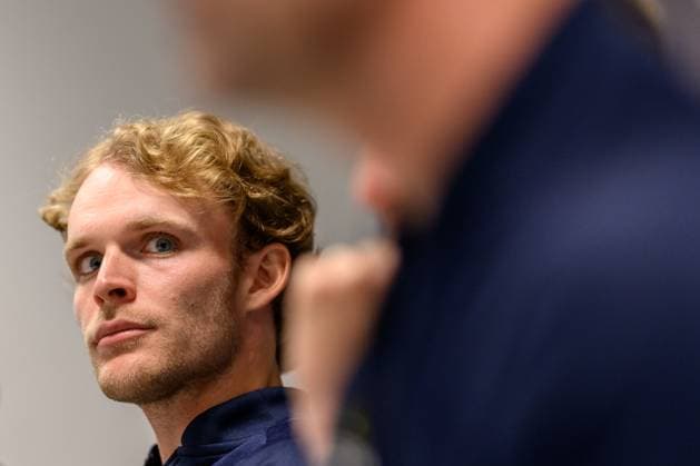 250910 Erik Grevelius during a press conference with Team Sweden on September 10, 2025 in Gothenburg Photo Carl Sandin BILDBYRAN kod CS CS0766 tennis davis cup presskonferens press conference sweden bbeng  Copyright: CARLxSANDIN BB250910CS018