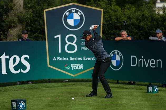 10th September 2025; Wentworth Club, London, England; The BMW PGA, Golf Herren Championship Golf Practice Day 2; Grant Forrest& x2003;of Scotland plays a shot on the 18th tee  HenningxvonxJagow