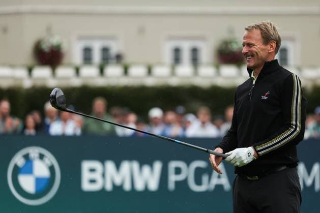 10th September 2025; Wentworth Club, London, England; The BMW PGA, Golf Herren Championship Golf Practice Day 2; Teddy Sheringham reacts on the 1st tee  HenningxvonxJagow