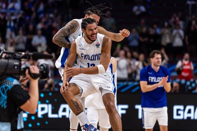 LAT, Eurobasket 205, European Basketball Championship, Quarterfinals, Finland Georgia 10 09 2025, Riga Arena, Riga, LAT, Eurobasket 205, European Basketball Championship, Quarterfinals, Finland Georgia Olivier Nkamhoua Finland, No 13 , Miro Little Finland, No 1 cheering Â Photo Alexander Trienitz Riga Riga Arena Riga Latvia