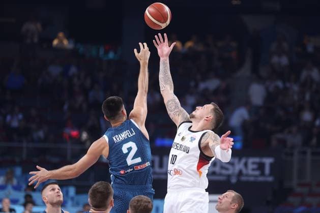 GERMANY vs SLOVENIA LUKA DONCIC, basketball player of Slovenia during the European Championships match against DANIEL THEIS from Germany, at Xiaomi Arena Riga. Riga, 10.09.2025. photo: Ivica Veselinov MN Press Photo BASKETBALL, FIBA, EUROBASKET, GERMANY, SLOVENIA Riga Arena Riga Latvia Copyright: xMNxPressxPhotox