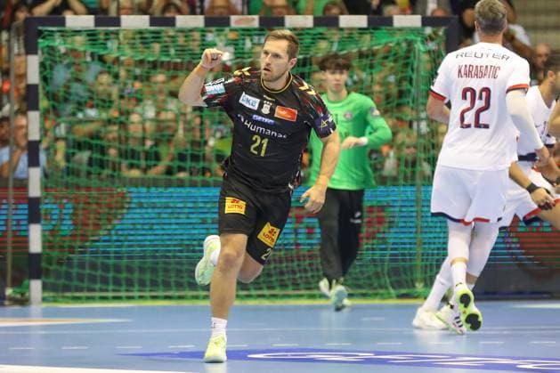10 09 2025, xgox, Handball, EHF Champions League, SC Magdeburg Paris Saint Germain v l Albin Lagergren Magdeburg, 21 jubilation, goal celebration, jubelt über das Tor, celebrate the goal, celebration Magdeburg