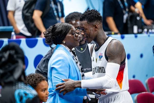 Basketball Riga 10 09 2025 DBB International Mens EuroBasket 2025 Quarterfinals Germany GER Slovenia SLO Dennis Schröder Schroeder Germany, No 17 Schröder Schroder with his mother