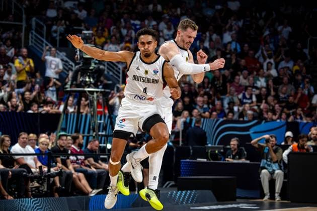 Basketball Riga 10 09 2025 DBB International Mens EuroBasket 2025 Quarterfinals Germany GER Slovenia SLO Maodo Lo Germany, No 04 Andreas Obst Germany, No 42 jubel
