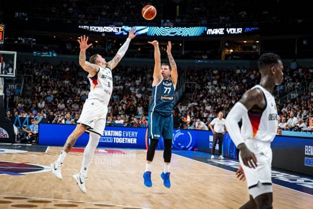 Basketball Riga 10 09 2025 DBB International Mens EuroBasket 2025 Quarterfinals Germany GER Slovenia SLO Luka Doncic Slovenia, No 77 Daniel Theis Germany, No 10