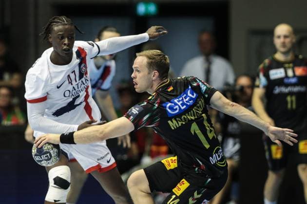Omar Ingi Magnusson SC Magdeburg,14 vs Wallem Peleka Paris Saint Germain,47 Handball Machineseeker Champions League Season 2025 2026 SC Magdeburg vs Paris Saint Germain at the GETEC Arena in Magdeburg Action,Handball,Germany,10 09 2025