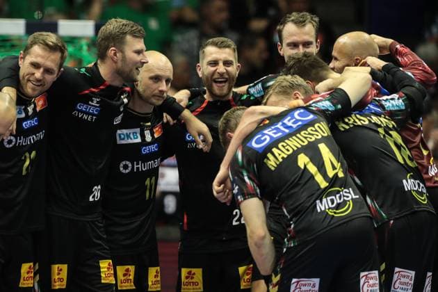 v l Albin Lagergren SC Magdeburg,21 , Philipp Weber SC Magdeburg,20 ,Daniel Pettersson SC Magdeburg,11 Lukas Mertens SC Magdeburg,22 Handball Machineseeker Champions League Season 2025 2026 SC Magdeburg vs Paris Saint Germain at the GETEC Arena in Magdeburg Action,Handball,Germany,10 09 2025