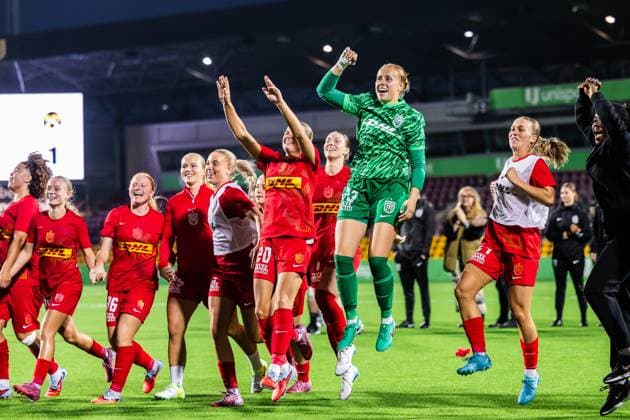 FC Nordsjaelland v KuPS, UEFA Women™s Europa Cup, Farum, Denmark Farum, Denmark. 10th, September 2025. Anna Walter (20), goalkeeper Molly Race and the players of FC Nordsjaelland seen in celebration after the UEFA Women™s Europa Cup qualification match between FC Nordsjaelland and KuPS at Right to Dream Park in Farum. Denmark, Farum  Copyright: xGonzalesxPhoto DejanxObretkovicx