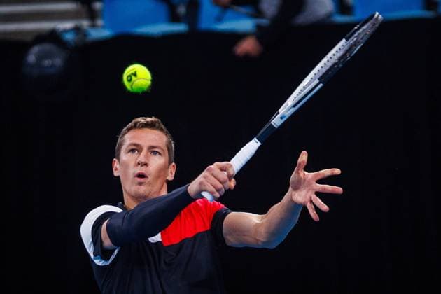 Belgian Kimmer Coppejansa pictured during a training practice of the Belgian team, Thursday 11 September 2025, in Ken Rosewall Arena, Sydney, Australia. Belgium will compete this weekend in the second round of the Davis Cup qualifiers against Australia. PATRICKxHAMILTON  x133904121x