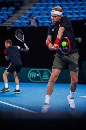 Belgian Kimmer Coppejans and Belgian Zizou Bergsa pictured during a training practice of the Belgian team, Thursday 11 September 2025, in Ken Rosewall Arena, Sydney, Australia. Belgium will compete this weekend in the second round of the Davis Cup qualifiers against Australia. PATRICKxHAMILTON  x133905020x