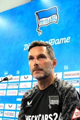 DEU, DFL, 2 FBL Hertha BSC, PK, 11 09 2025, Sportforum, Berlin, DEU, DFL, 2 FBL Hertha BSC, PK, im Bild Cheftrainer Stefan Leitl Hertha BSC Berlin DFL regulations prohibit any use of Photographs as image sequences and or quasi video nordphotoxGmbHx xEngler nph00076