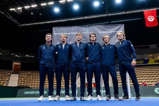 250911 Team captain Simon Aspelin, Adam Heinonen, AndrÃ Göransson, Olle Wallin, Leo Borg and Erik Grevelius of Sweden pose for a picture during the Davis Cup draw ceremony ahead of the match between Sweden and Tunisia on September 11, 2025 in Partille Photo Mathias Bergeld BILDBYRAN kod MB MB1200 tennis davis cup lottningen lotting draw ceremony sverige sweden bbeng tunisien tunisia  Copyright: MATHIASxBERGELD BB250911MB024