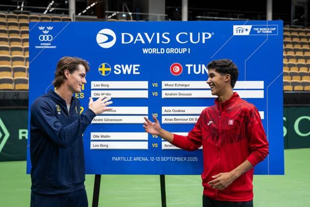 250911 Olle Wallin of Sweden and Ibrahim Snoussi of Tunisia during the Davis Cup draw ceremony ahead of the match between Sweden and Tunisia on September 11, 2025 in Partille Photo Mathias Bergeld BILDBYRAN kod MB MB1200 tennis davis cup lottningen lotting draw ceremony sverige sweden bbeng tunisien tunisia  Copyright: MATHIASxBERGELD BB250911MB026