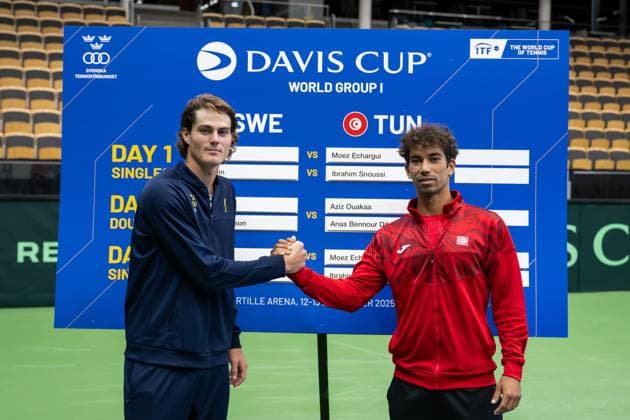 250911 Olle Wallin of Sweden and Moez Echargui of Tunisia during the Davis Cup draw ceremony ahead of the match between Sweden and Tunisia on September 11, 2025 in Partille Photo Mathias Bergeld BILDBYRAN kod MB MB1200 tennis davis cup lottningen lotting draw ceremony sverige sweden bbeng tunisien tunisia  Copyright: MATHIASxBERGELD BB250911MB029