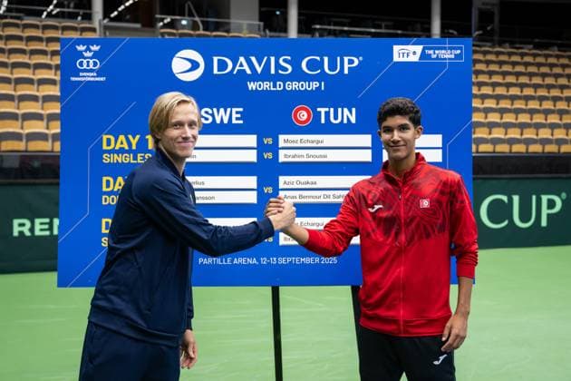 250911 Leo Borg of Sweden and Ibrahim Snoussi of Tunisia during the Davis Cup draw ceremony ahead of the match between Sweden and Tunisia on September 11, 2025 in Partille Photo Mathias Bergeld BILDBYRAN kod MB MB1200 tennis davis cup lottningen lotting draw ceremony sverige sweden bbeng tunisien tunisia  Copyright: MATHIASxBERGELD BB250911MB031