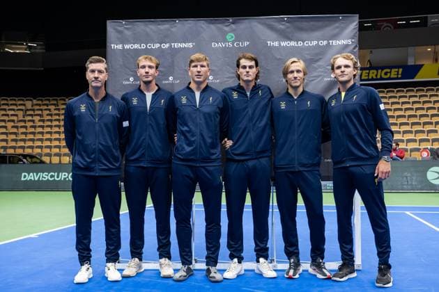 250911 Team captain Simon Aspelin, Adam Heinonen, AndrÃ Göransson, Olle Wallin, Leo Borg and Erik Grevelius of Sweden pose for a picture during the Davis Cup draw ceremony ahead of the match between Sweden and Tunisia on September 11, 2025 in Partille Photo Mathias Bergeld BILDBYRAN kod MB MB1200 tennis davis cup lottningen lotting draw ceremony sverige sweden bbeng tunisien tunisia  Copyright: MATHIASxBERGELD BB250911MB032