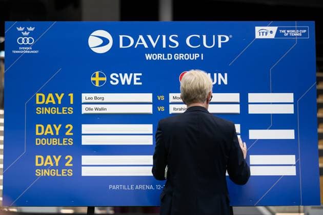 250911 The names of Leo Borg and Olle Wallin of Sweden is seen on the draw board during the Davis Cup draw ceremony ahead of the match between Sweden and Tunisia on September 11, 2025 in Partille Photo Mathias Bergeld BILDBYRAN kod MB MB1200 tennis davis cup lottningen lotting draw ceremony sverige sweden bbeng tunisien tunisia  Copyright: MATHIASxBERGELD BB250911MB033