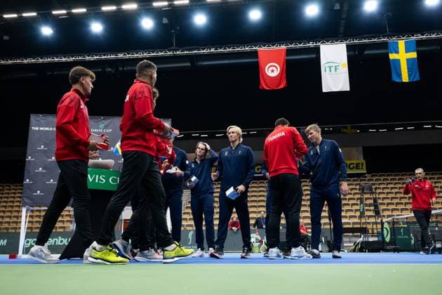 250911 Olle Wallin, Leo Borg and AndrÃ Göransson of Sweden exchange gifts with players of Tunisia during the Davis Cup draw ceremony ahead of the match between Sweden and Tunisia on September 11, 2025 in Partille Photo Mathias Bergeld BILDBYRAN kod MB MB1200 tennis davis cup lottningen lotting draw ceremony sverige sweden bbeng tunisien tunisia  Copyright: MATHIASxBERGELD BB250911MB034