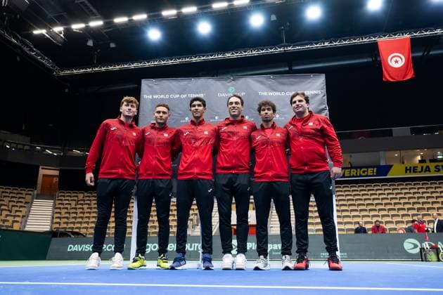 250911 Aziz Ouakaa, Alaa Trifi, Anas Bennour Dit Sahli, Ibrahim Snoussi, Moez Echargui and Team captain Malek Jaziri of Tunisia pose for a picture during the Davis Cup draw ceremony ahead of the match between Sweden and Tunisia on September 11, 2025 in Partille Photo Mathias Bergeld BILDBYRAN kod MB MB1200 tennis davis cup lottningen lotting draw ceremony sverige sweden bbeng tunisien tunisia  Copyright: MATHIASxBERGELD BB250911MB036