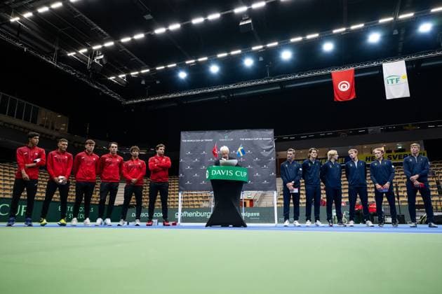 250911 Ibrahim Snoussi, Alaa Trifi, Anas Bennour Dit Sahli, Aziz Ouakaa, Moez Echargui and Team captain Malek Jaziri of Tunisia with Team captain Simon Aspelin, Olle Wallin, Leo Borg, Adam Heinonen, Erik Grevelius and AndrÃ Göransson of Sweden during the Davis Cup draw ceremony ahead of the match between Sweden and Tunisia on September 11, 2025 in Partille Photo Mathias Bergeld BILDBYRAN kod MB MB1200 tennis davis cup lottningen lotting draw ceremony sverige sweden bbeng tunisien tunisia  Copyright: MATHIASxBERGELD BB250911MB037
