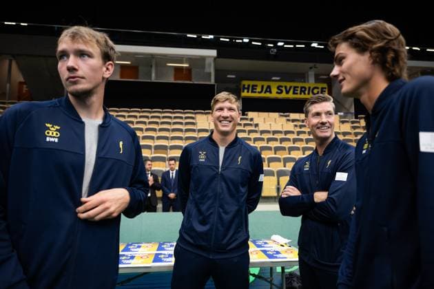 250911 Adam Heinonen, AndrÃ Göransson, Team captain Simon Aspelin and Olle Wallin of Sweden during the Davis Cup draw ceremony ahead of the match between Sweden and Tunisia on September 11, 2025 in Partille Photo Mathias Bergeld BILDBYRAN kod MB MB1200 tennis davis cup lottningen lotting draw ceremony sverige sweden bbeng tunisien tunisia  Copyright: MATHIASxBERGELD BB250911MB047
