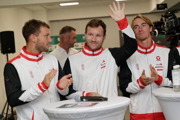 TENNIS - Davis Cup, HUN vs AUT DEBRECEN,HUNGARY,11.SEP.25 - TENNIS - ITF Davis Cup, qualification round 2, Hungary vs Austria, preview, draw and press conference, PK, Pressekonferenz Image shows Filip Misolic, Lucas Miedler and Lukas Neumayer (AUT). GEPAxpictures xWalterxLuger