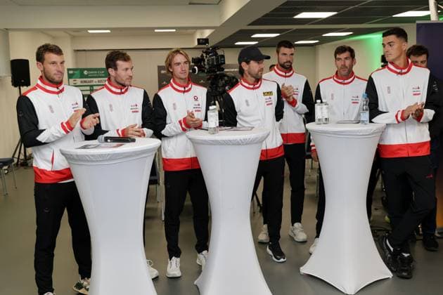 TENNIS - Davis Cup, HUN vs AUT DEBRECEN,HUNGARY,11.SEP.25 - TENNIS - ITF Davis Cup, qualification round 2, Hungary vs Austria, preview, draw and press conference, PK, Pressekonferenz Image shows Filip Misolic, Lucas Miedler, Lukas Neumayer, captain Juergen Melzer, Jurij Rodionov, assistant coach Gerald Melzer and Alexander Erler (AUT). GEPAxpictures xWalterxLuger