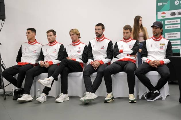 TENNIS - Davis Cup, HUN vs AUT DEBRECEN,HUNGARY,11.SEP.25 - TENNIS - ITF Davis Cup, qualification round 2, Hungary vs Austria, preview, draw and press conference, PK, Pressekonferenz Image shows Alexander Erler, Lucas Miedler, Lukas Neumayer, Jurij Rodionov, Filip Misolic and captain Juergen Melzer (AUT). GEPAxpictures xWalterxLuger